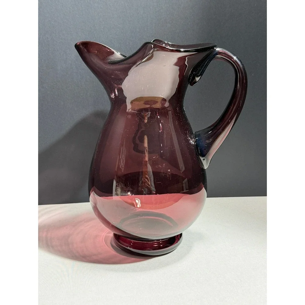 Amethyst Purple Hand Blown Glass‎ Pitcher Tri-Corner Ruffled Rim Vintage Plum